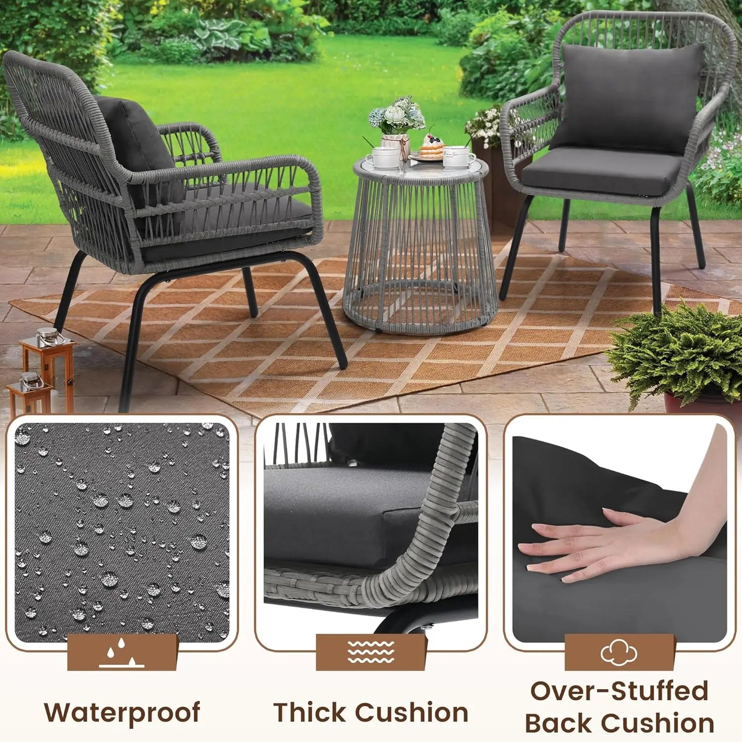 3 Piece Rattan Wicker Bistro Set, Grey