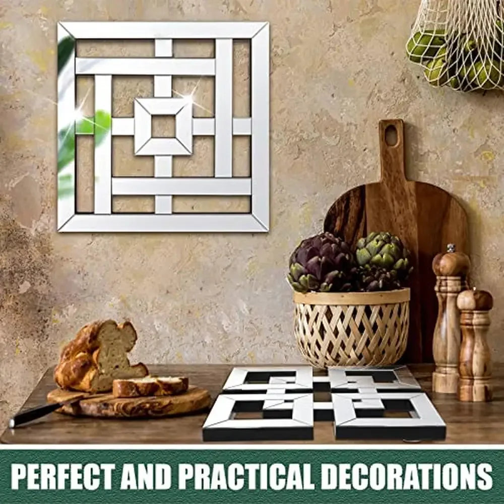 4 Pcs Square Silver Mirror Wall Decor Set