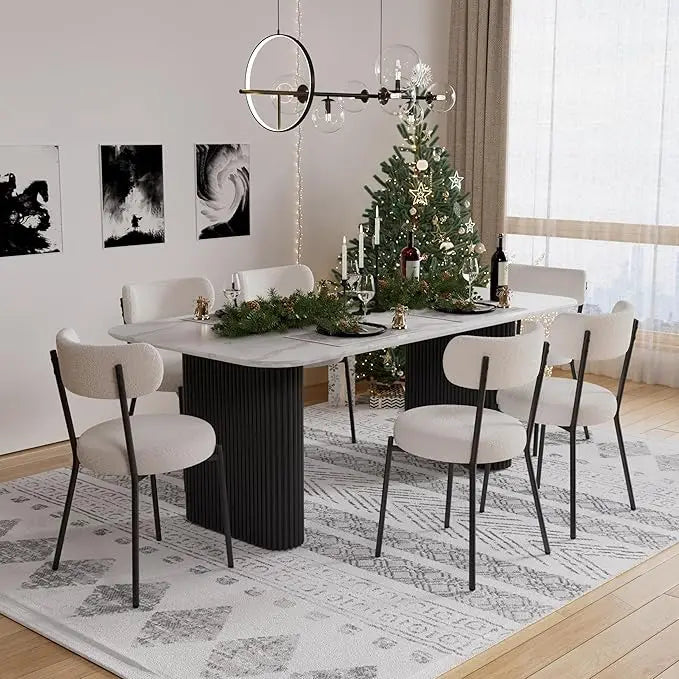 7 Piece - Faux Marble Dining Table & Black Upholstered Boucle Chairs