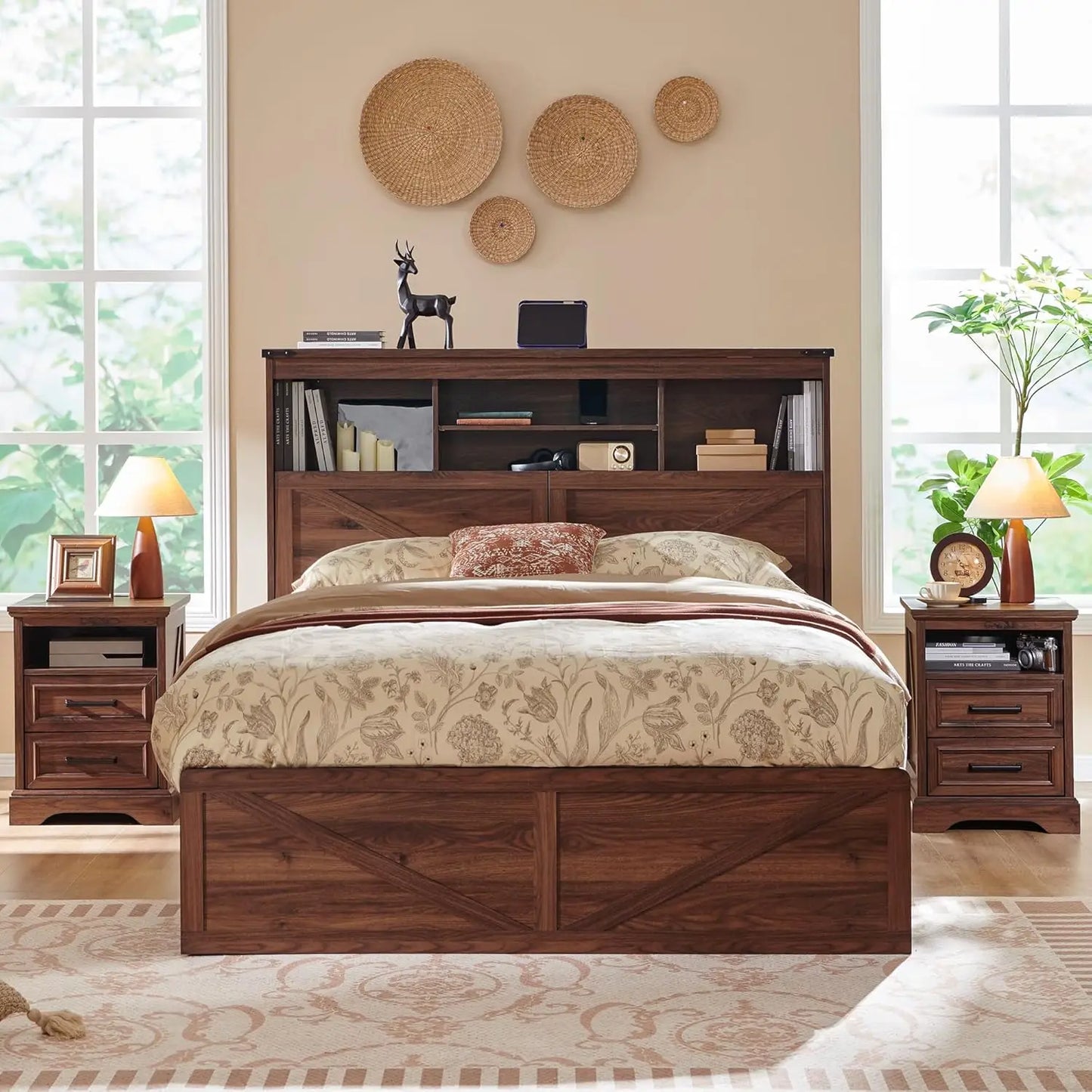 Farmhouse King Size Wood Bed Frame with 52" Tall Storage Headboard and 4 Drawers,LED Light,Charging Station