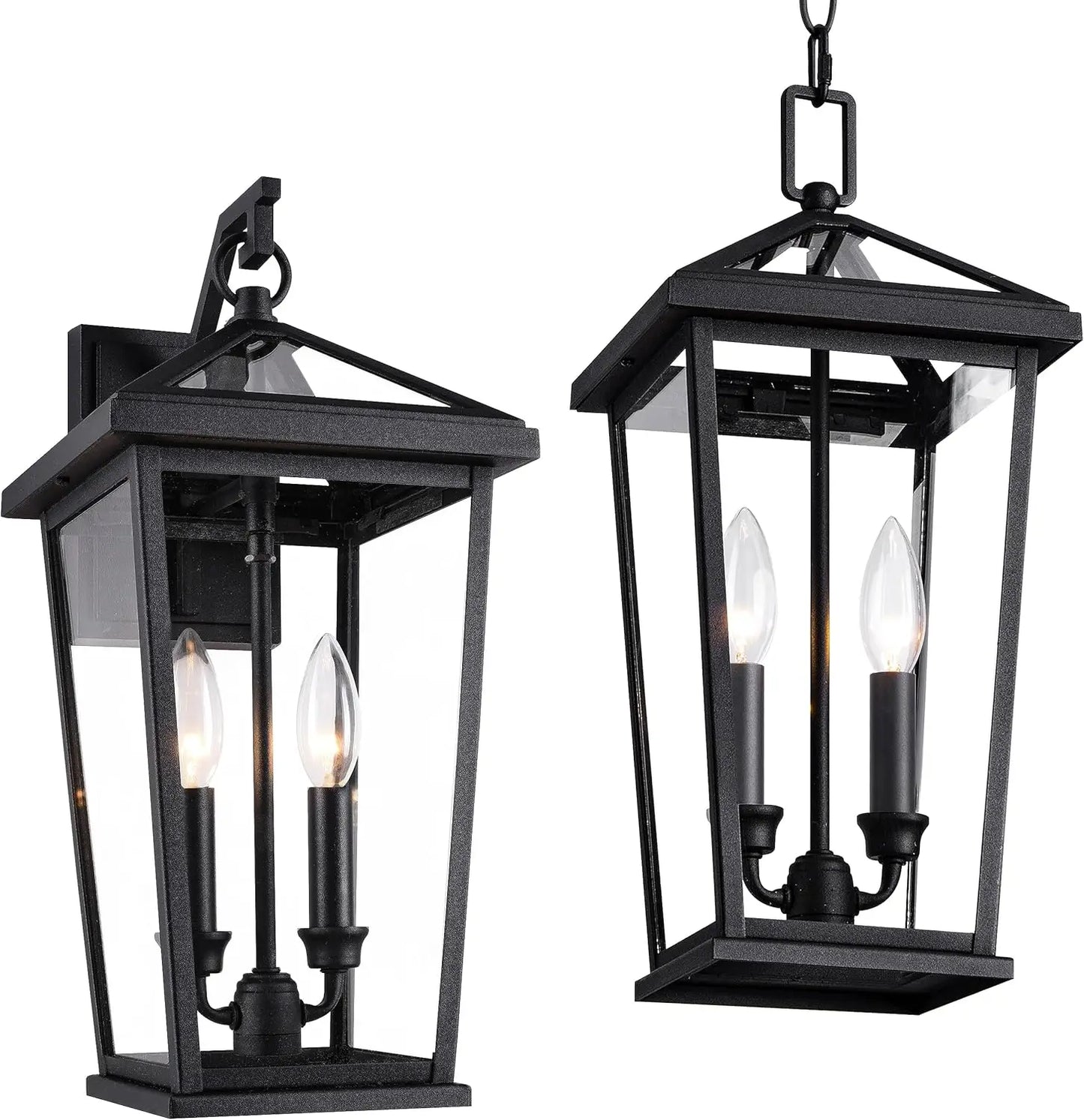 2 piece Height Adjustable Hanging Porch Lights, Black Lamp(Glass Lampshade)