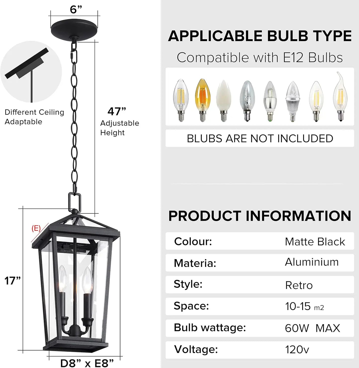 2 piece Height Adjustable Hanging Porch Lights, Black Lamp(Glass Lampshade)