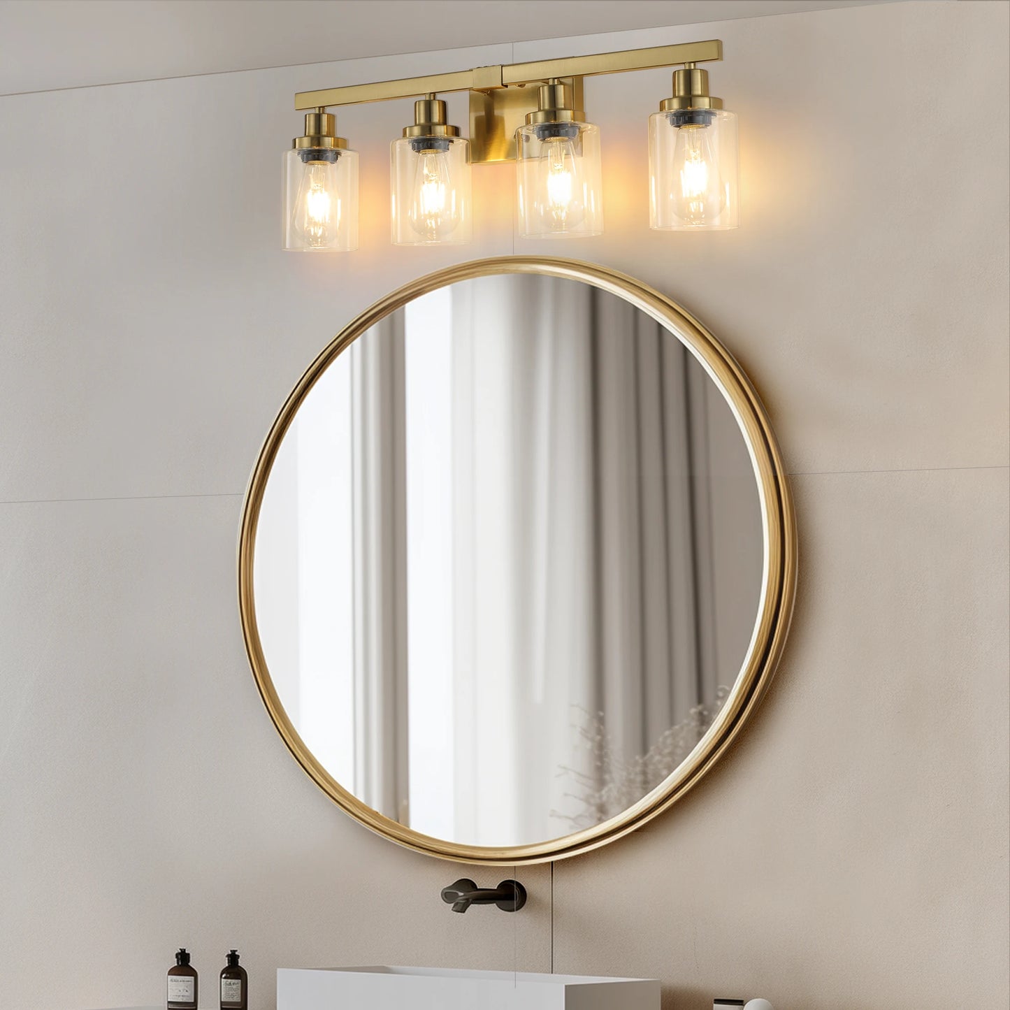 4 Lights Gold Bathroom Vanity Mirror Wall Sconce with Glass Shade