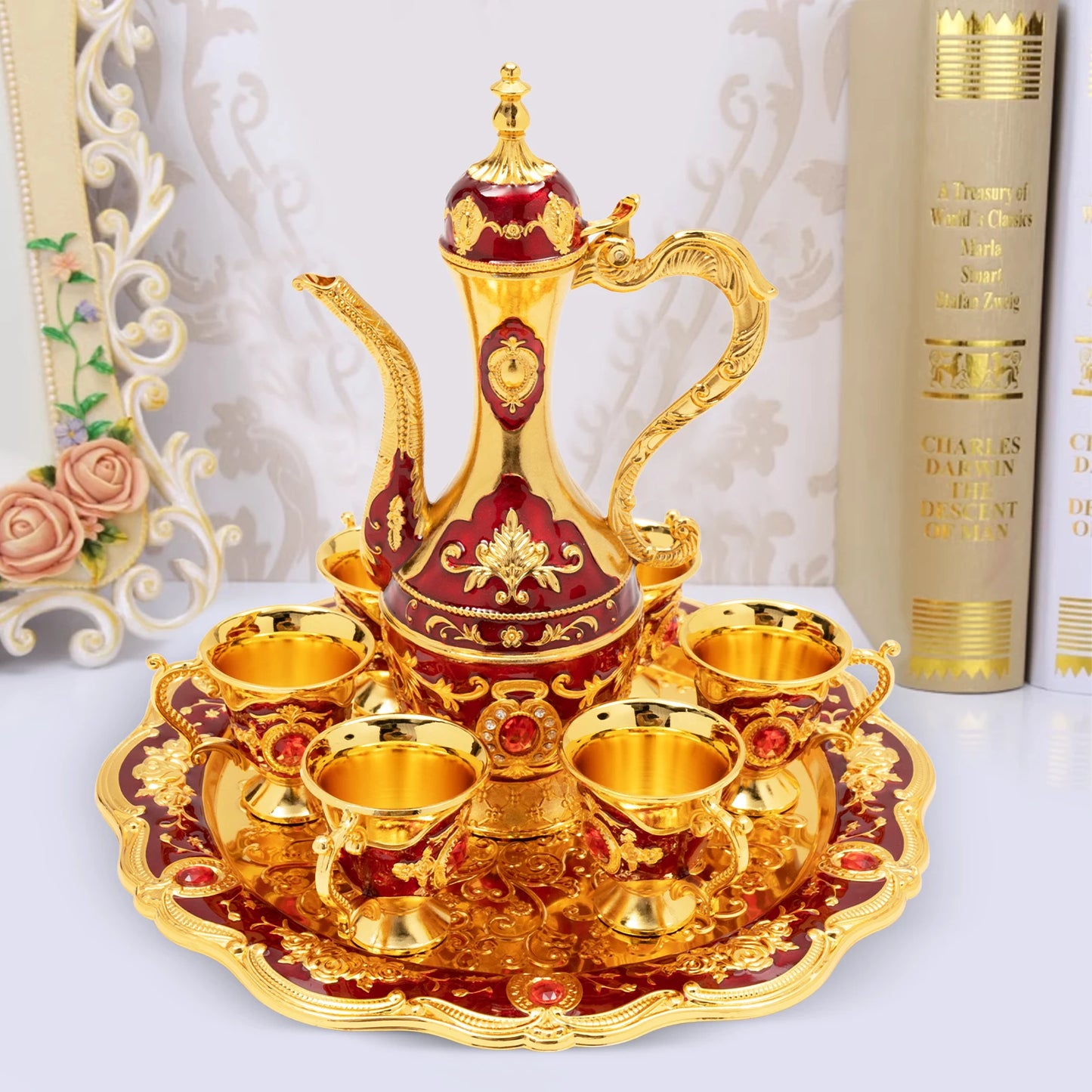 Vintage Turkish Coffee Pot Set with 6 Cups and Tray