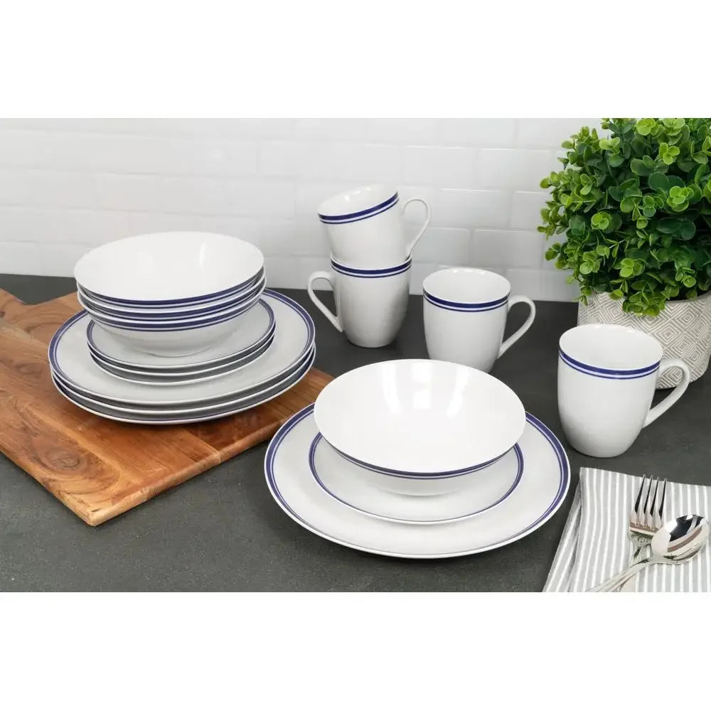 16-Piece Blue Double Banded Rim Ceramic Dinnerware Set