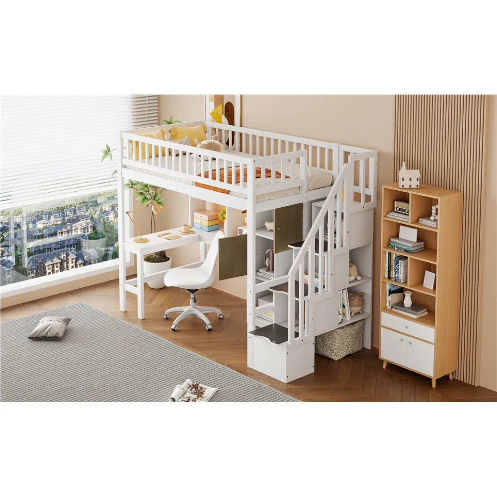 Wood Twin Size Loft Bed with Built-in Desk