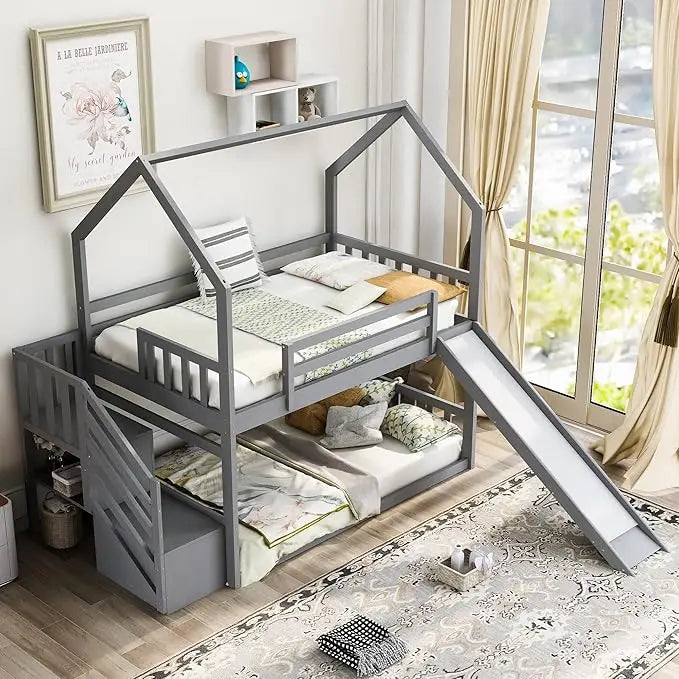 Twin Over Twin Solid Wood House Bunk Bed Frame with Slide