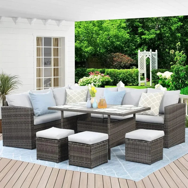 7 Piece Wicker Rattan Patio Set with Dining Table and Ottomans