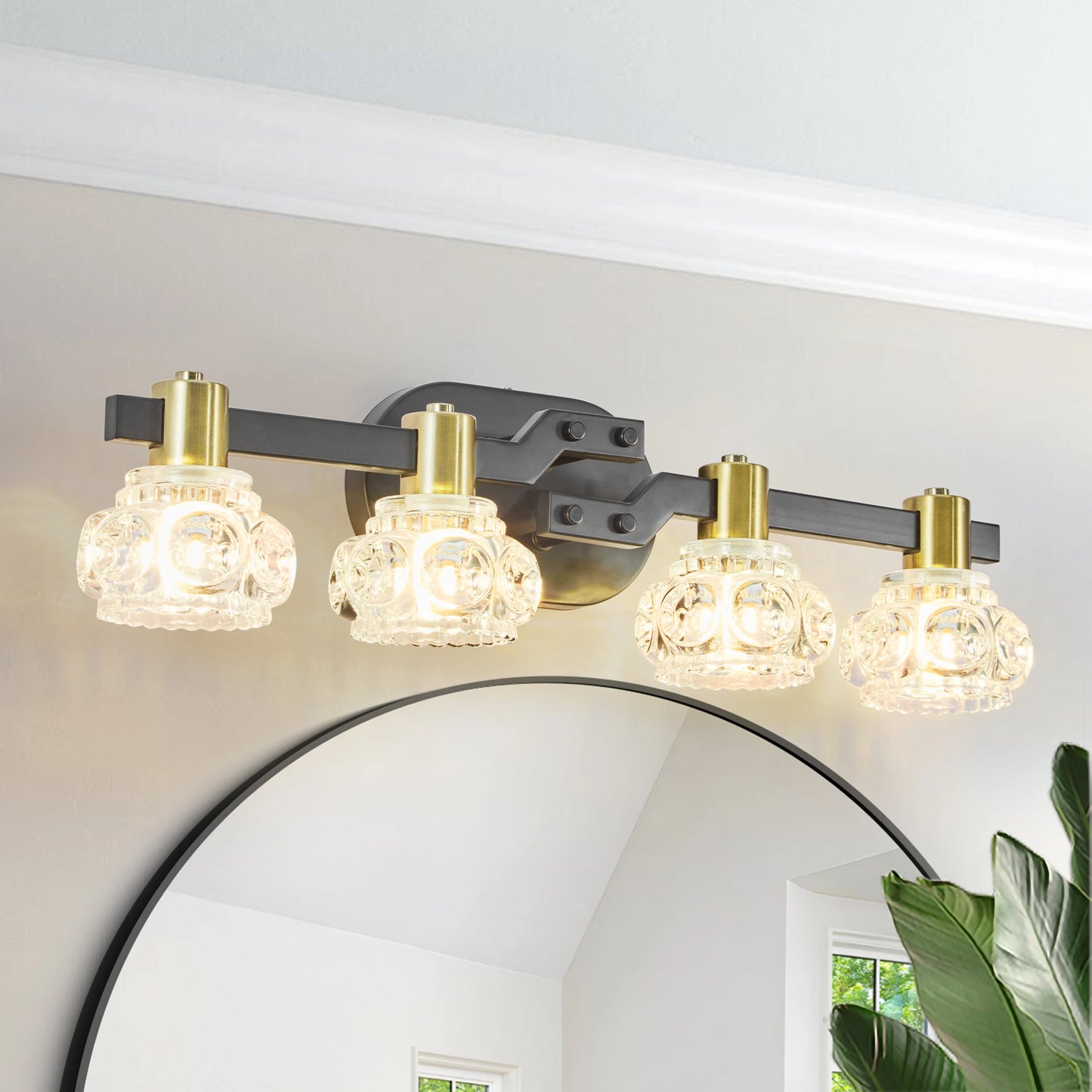 Vintage 4-Light Wall Sconce with Clear Crystal Shades, Black Iron Finish (No Bulbs)