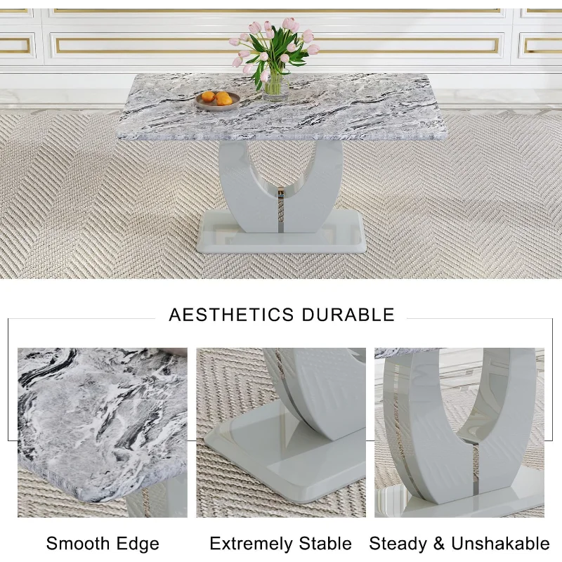 63'' Grey Faux Marble Dining Room Table Set