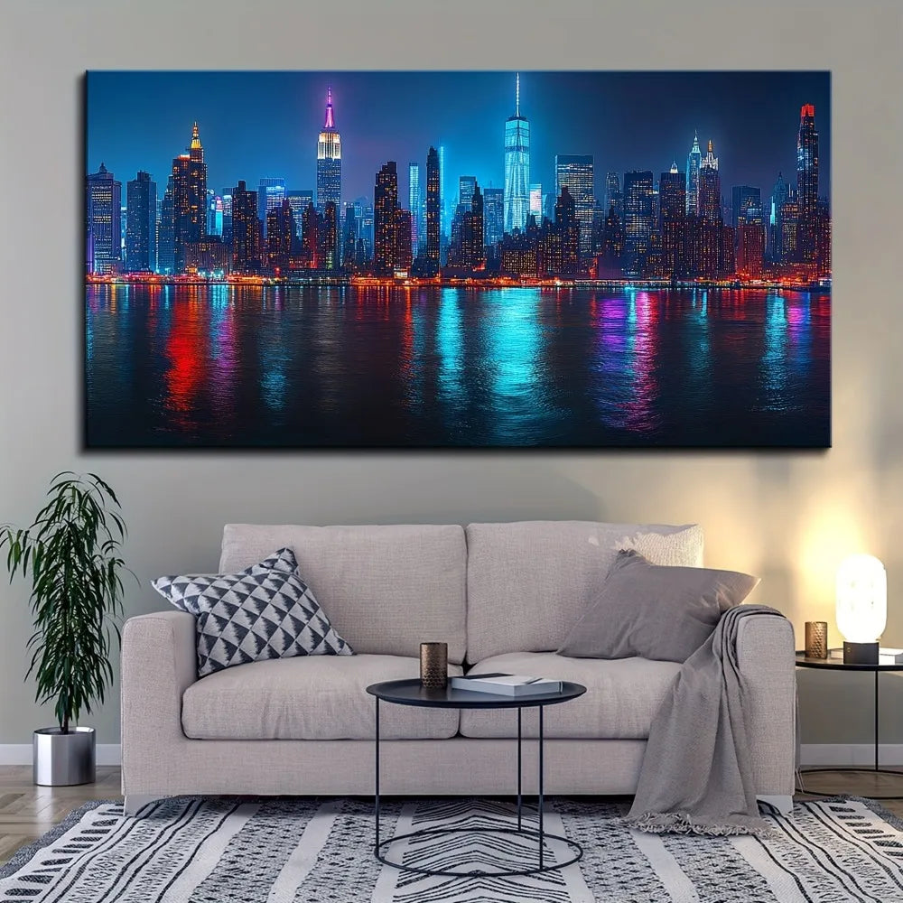 New York City Skyline Night View Canvas Painting (16x32 inch)