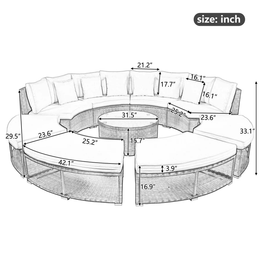 9-Piece Outdoor Circular Patio Sofa Set w/ Tempered Glass Coffee Table & 6 Pillows