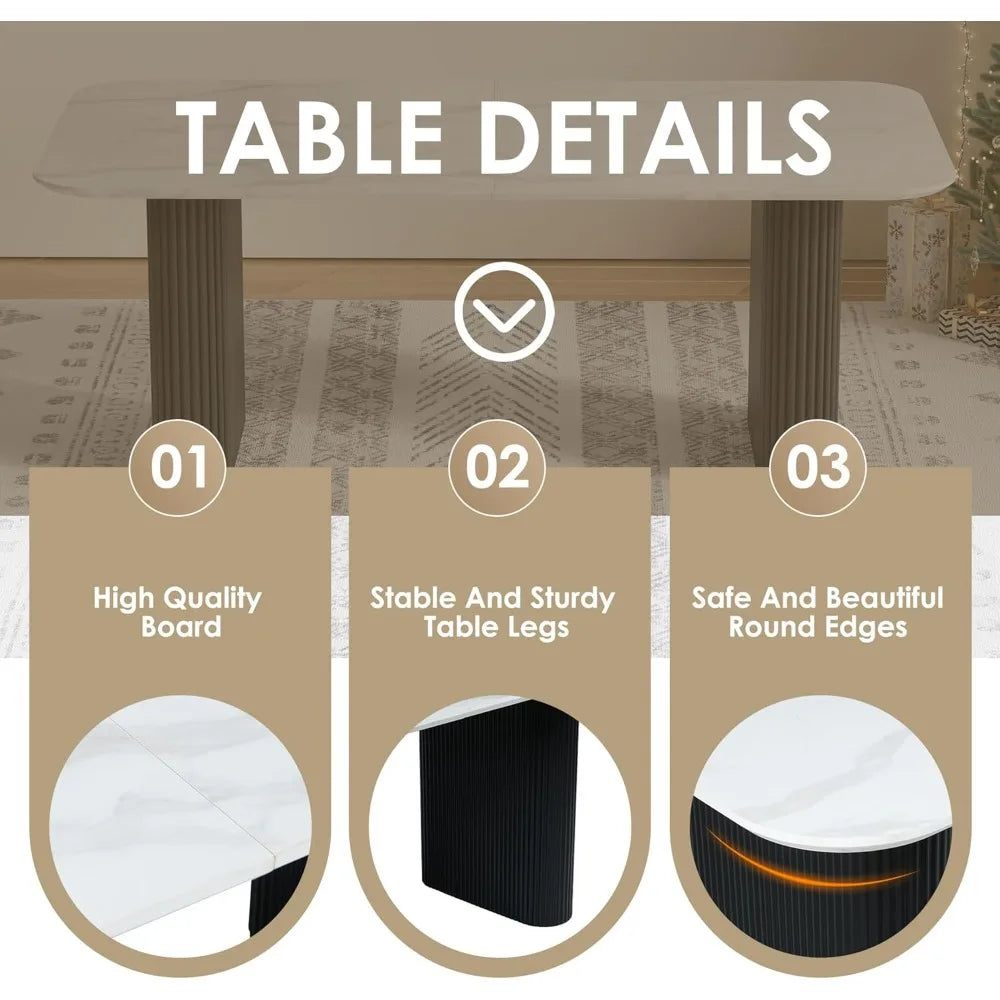 7 Piece - Faux Marble Dining Table & Black Upholstered Boucle Chairs