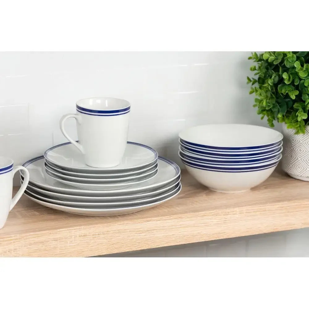 16-Piece Blue Double Banded Rim Ceramic Dinnerware Set