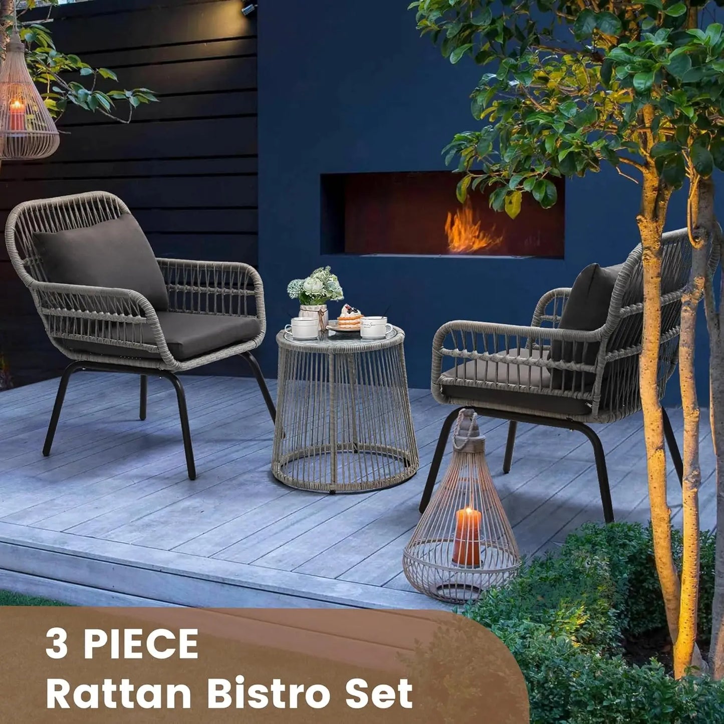3 Piece Rattan Wicker Bistro Set, Grey