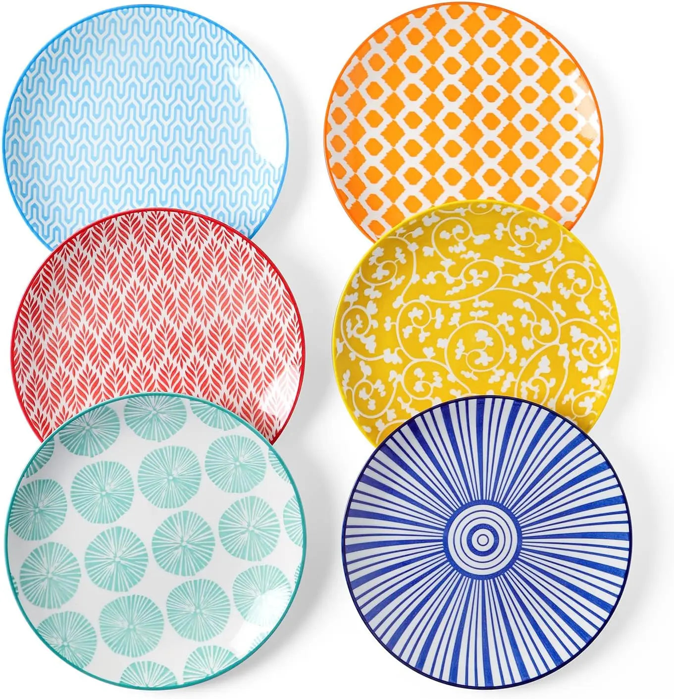Set of 6 Porcelain Dinner Plates, Assorted Colors