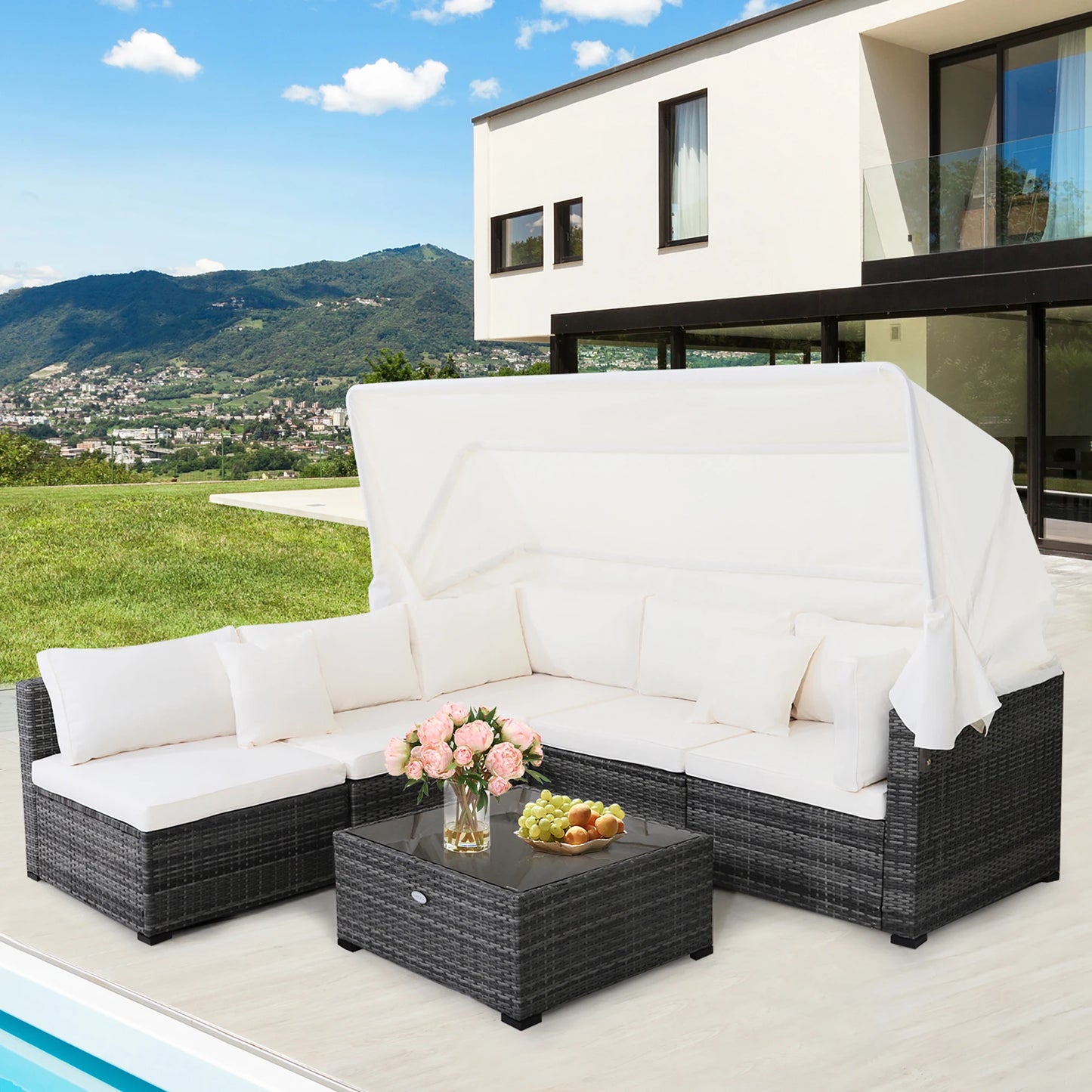 6-Piece Conversation Patio Furniture Set w/ Retractable Canopy