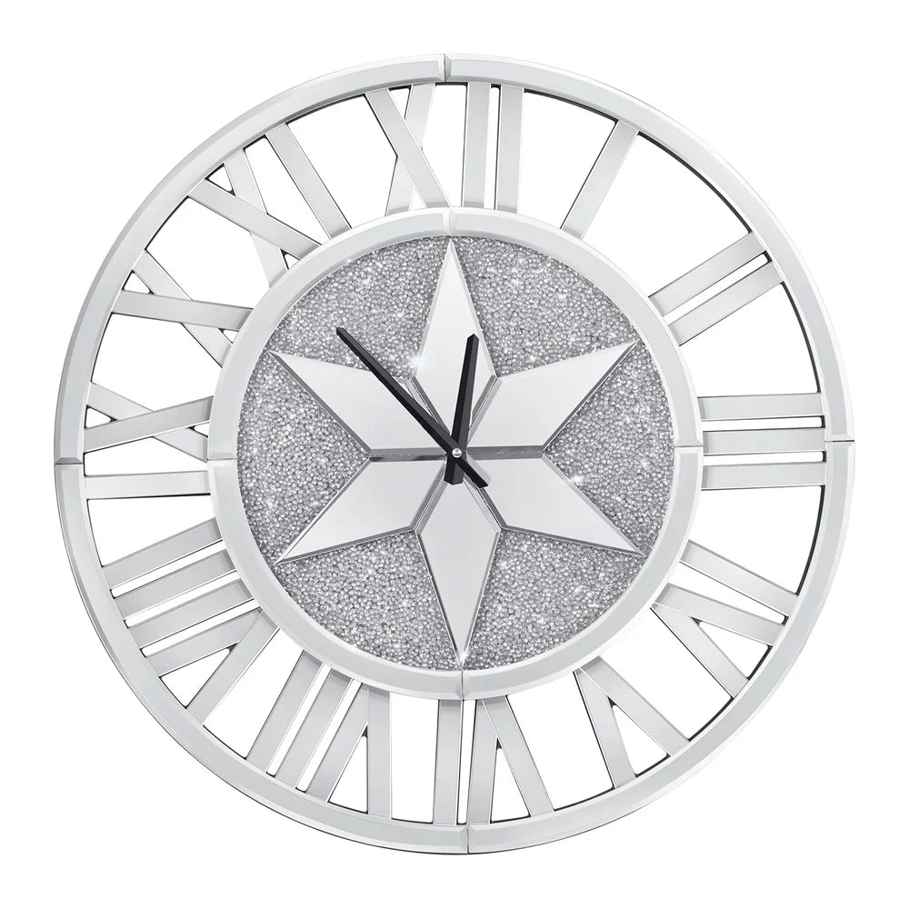 Battery Operated Decorative Silver Glass Crush Diamond Wall Clock with Roman Numerals