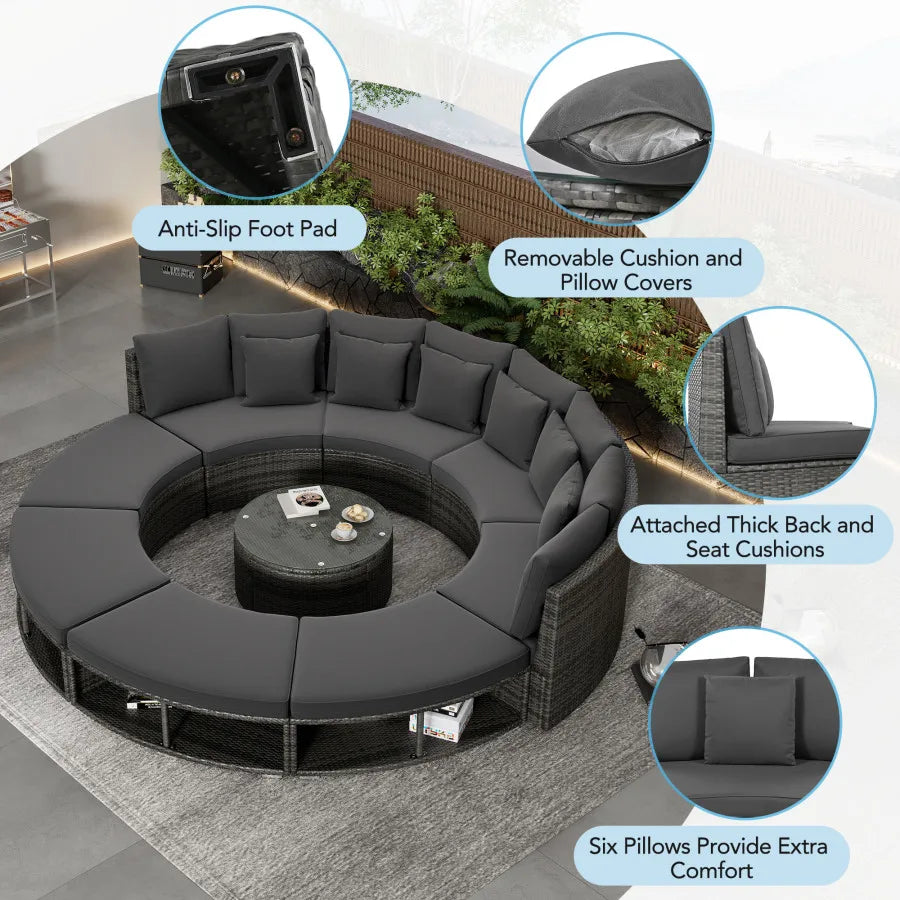 9-Piece Outdoor Circular Patio Sofa Set w/ Tempered Glass Coffee Table & 6 Pillows