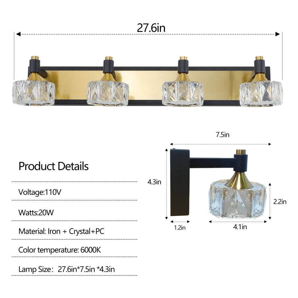 4-Lights Modern Crystal Bathroom Wall Vanity Light Fixture