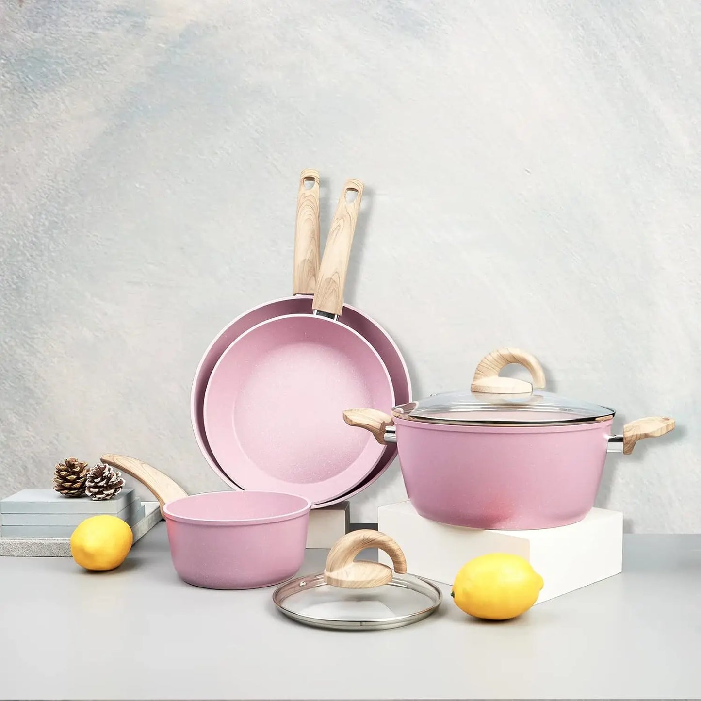 Pink Ceramic Non Stick Cookware Set with Granite Pattern