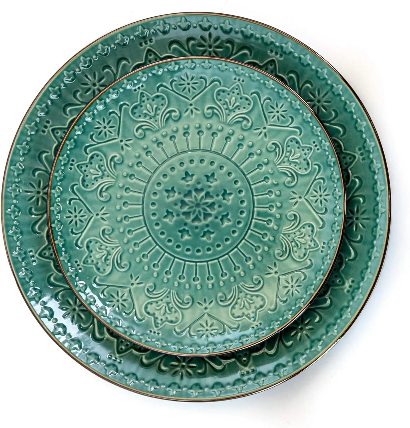 Elama, 16 Piece Round Embossed Dinnerware Set, Ocean Teal and Green