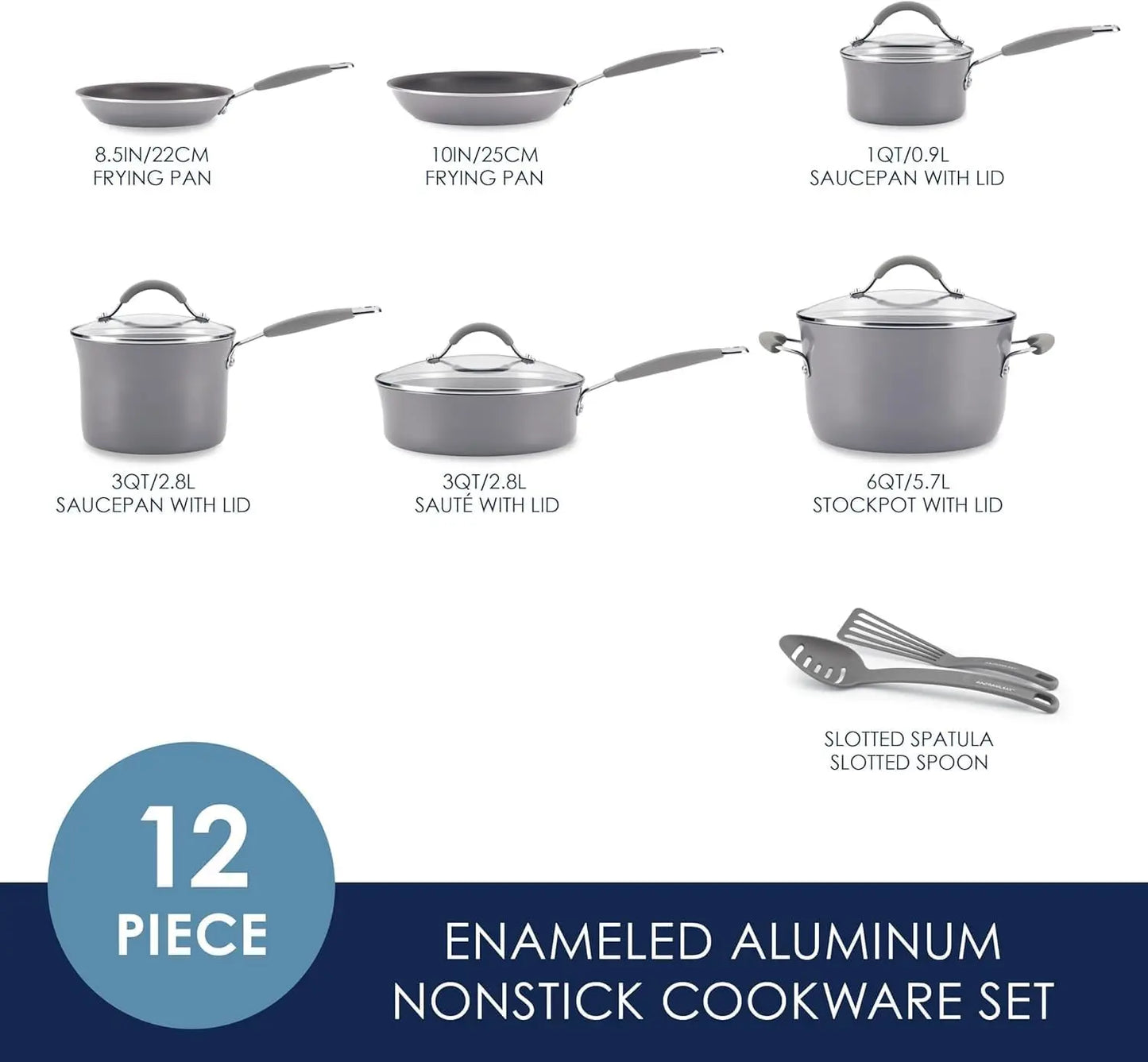 Cucina Nonstick Cookware Set, 12 Piece, Sea Salt Gray