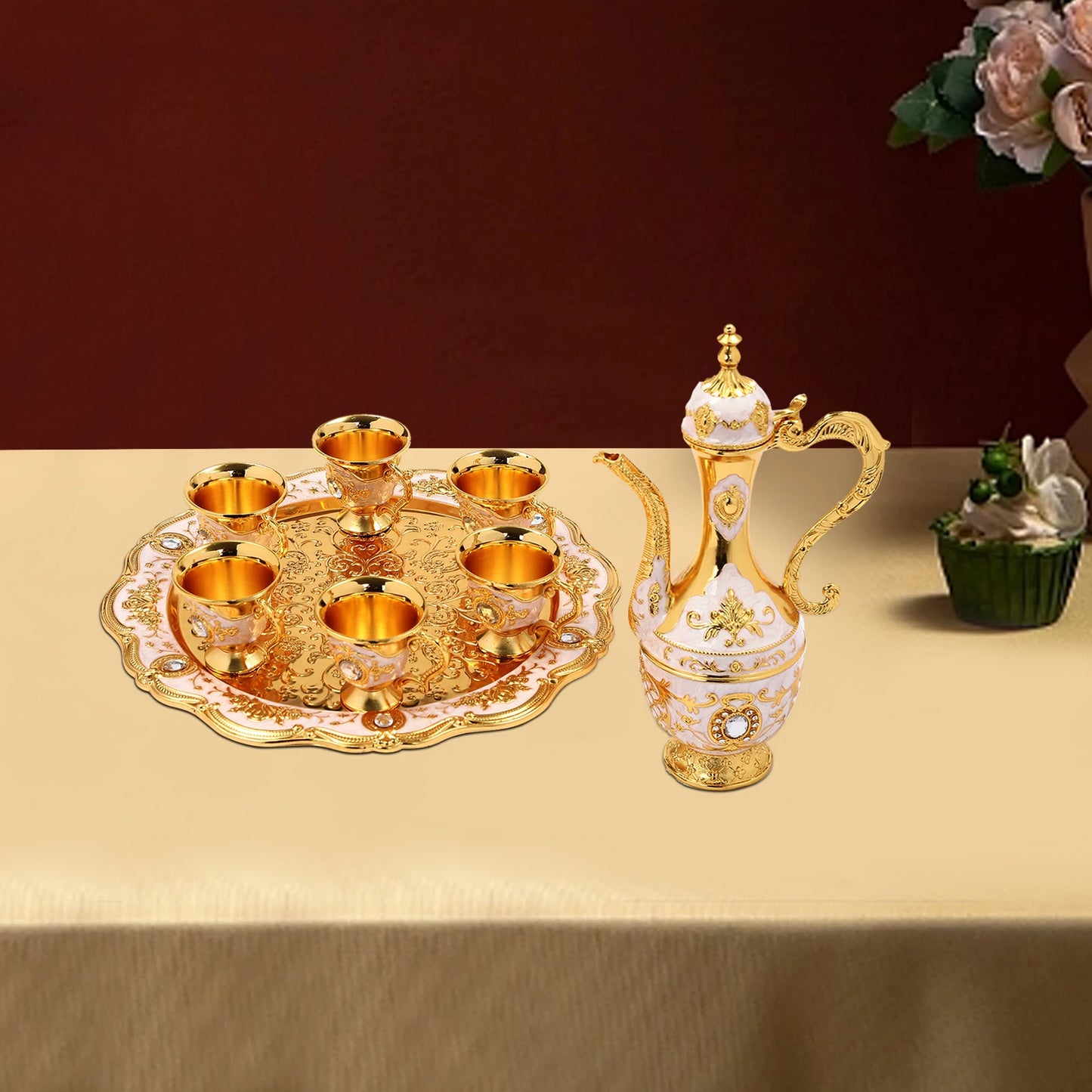 Vintage Turkish Tea Set with 6 Cups, Teapot, and Decorative Tray