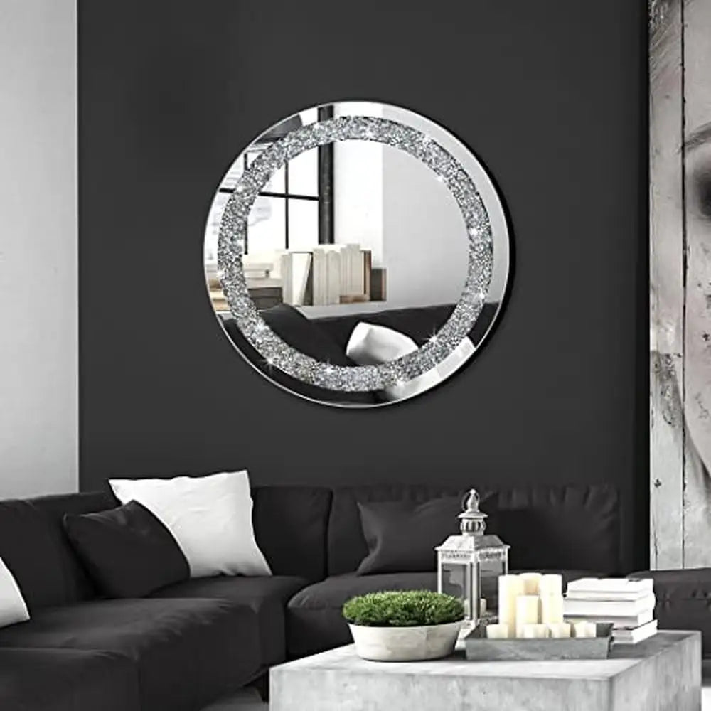 Luxury Crystal Crush Diamond Round Silver Wall Mirror (20x20x1 inch)