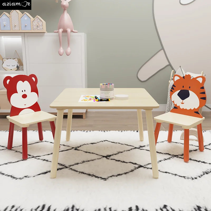 (Bear & Tiger) Wooden 3 Piece Toddler Activity Table and Chair Set,