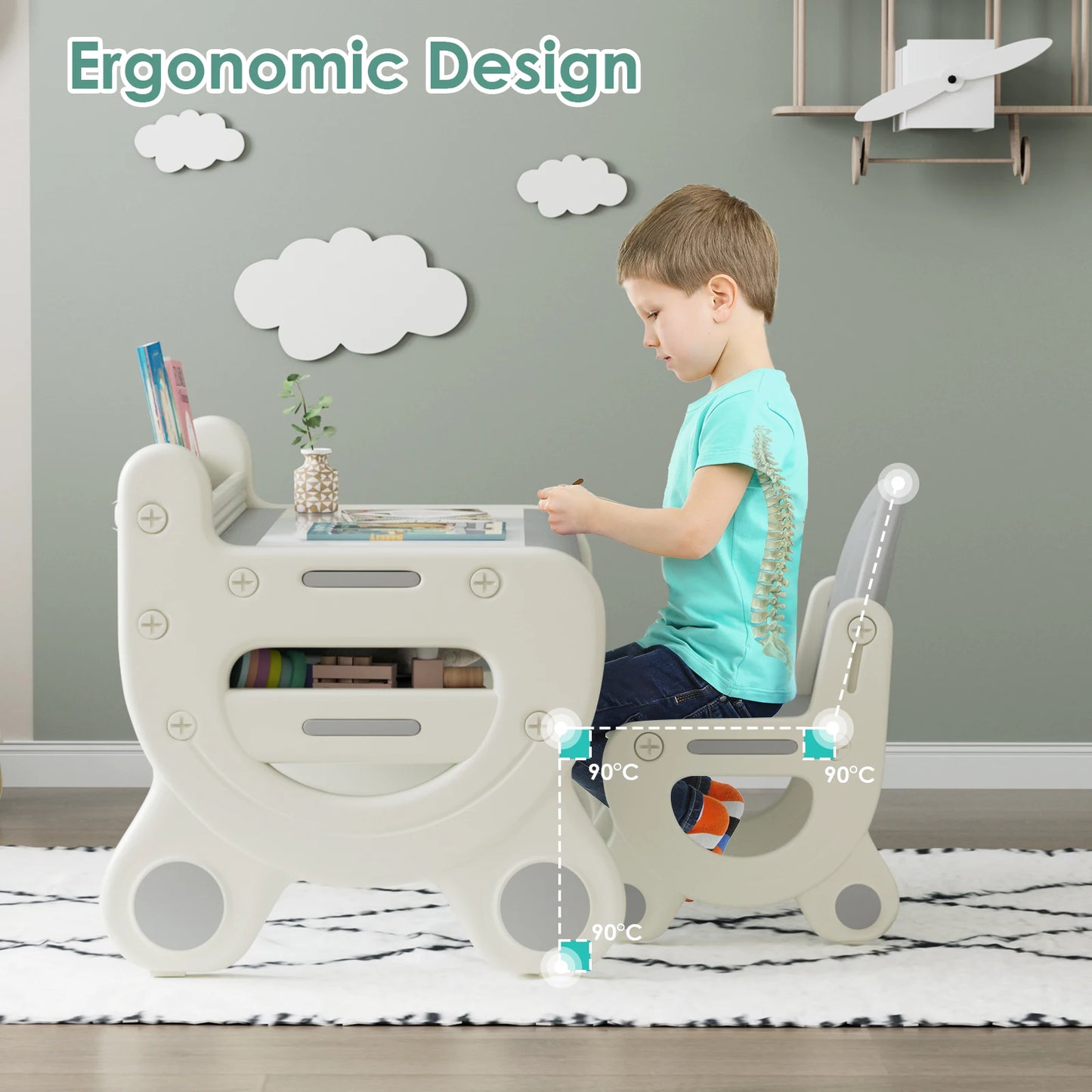 Kids Drawing Table and Chair Set, Gray & White
