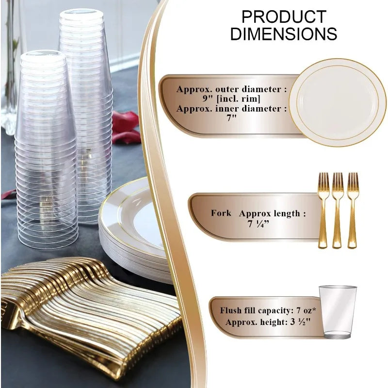 Elegant White with Gold Rim Disposable Plastic Buffet Party Set for 120 Guests