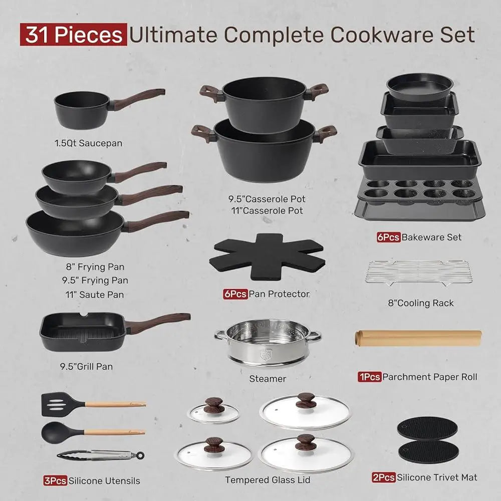 31 Piece Non Stick Cookware & Bakeware Set with Silicone Utensils