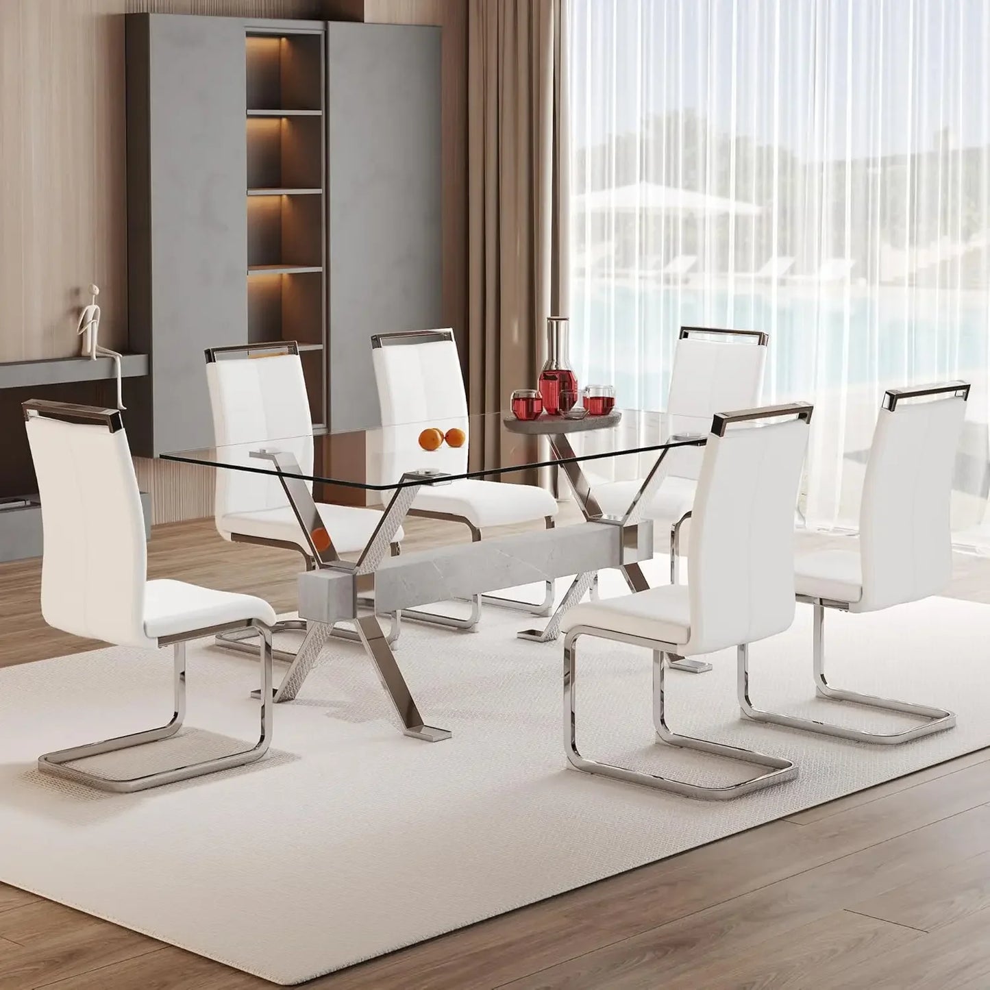 71" 7 Piece Tempered Glass Dining Table Set