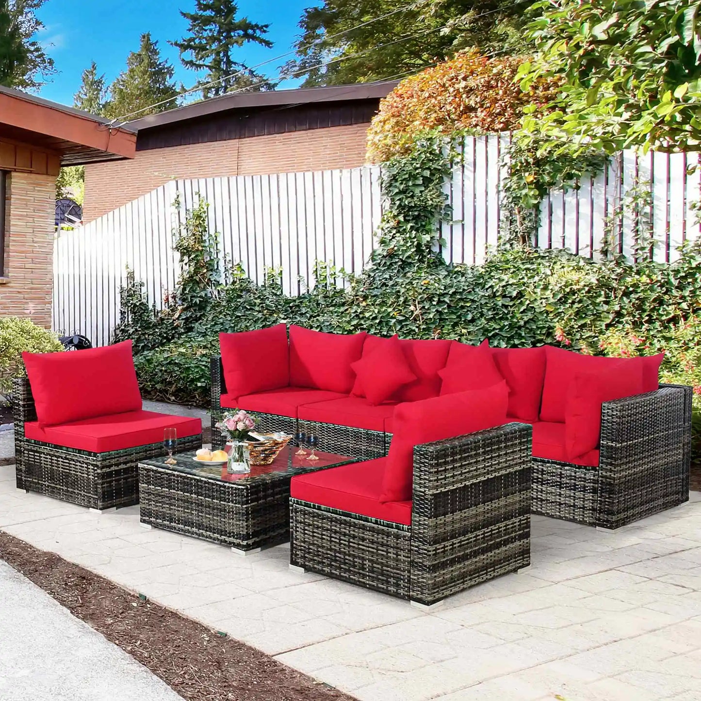 7-Piece Red Cushion Rattan Sectional Sofa Patio Set
