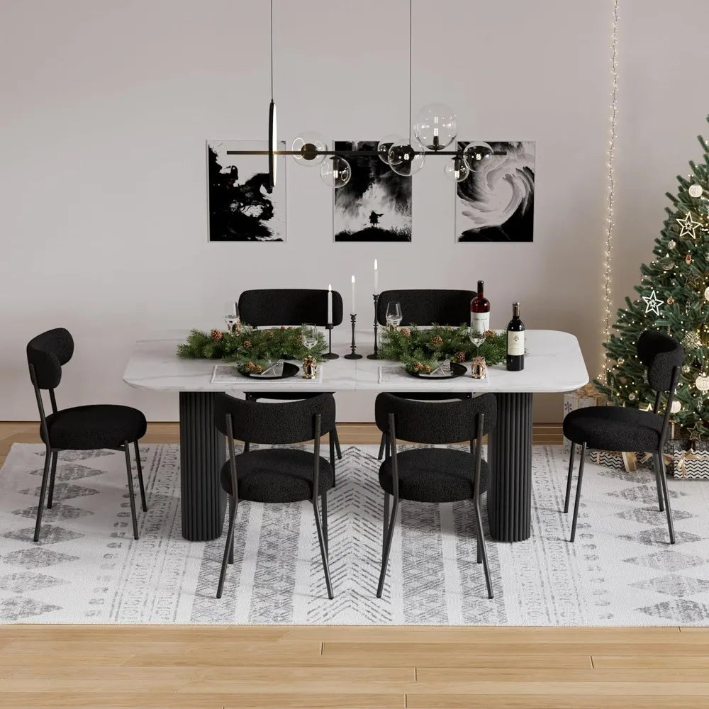 7 Piece - Faux Marble Dining Table & Black Upholstered Boucle Chairs