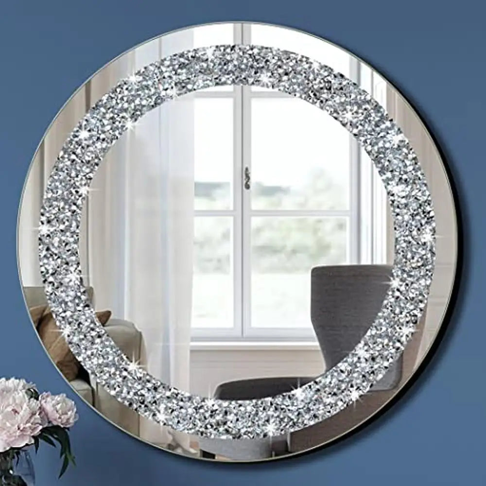 Luxury Crystal Crush Diamond Round Silver Wall Mirror (20x20x1 inch)
