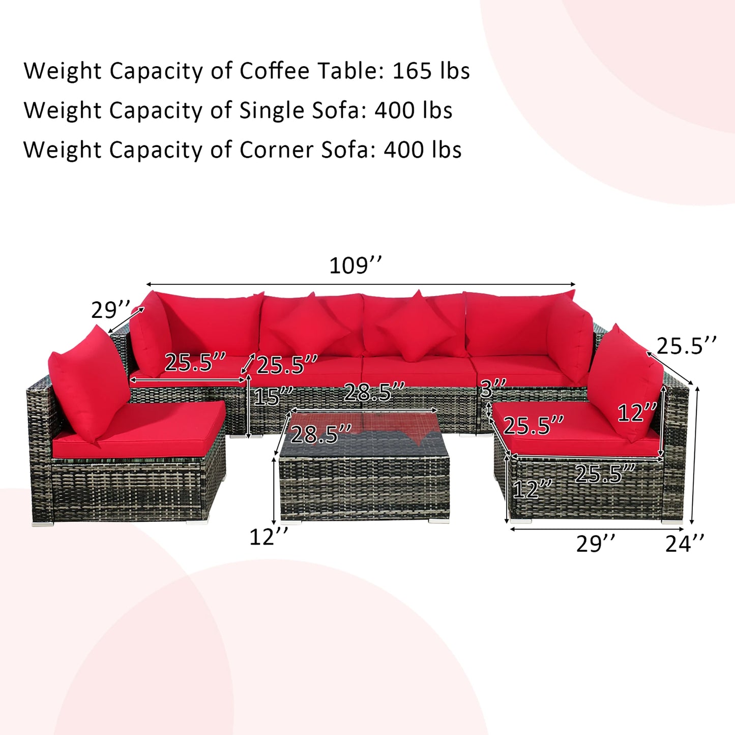 7-Piece Red Cushion Rattan Sectional Sofa Patio Set
