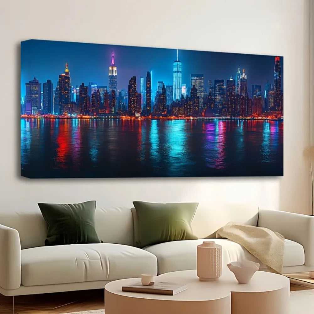 New York City Skyline Night View Canvas Painting (16x32 inch)
