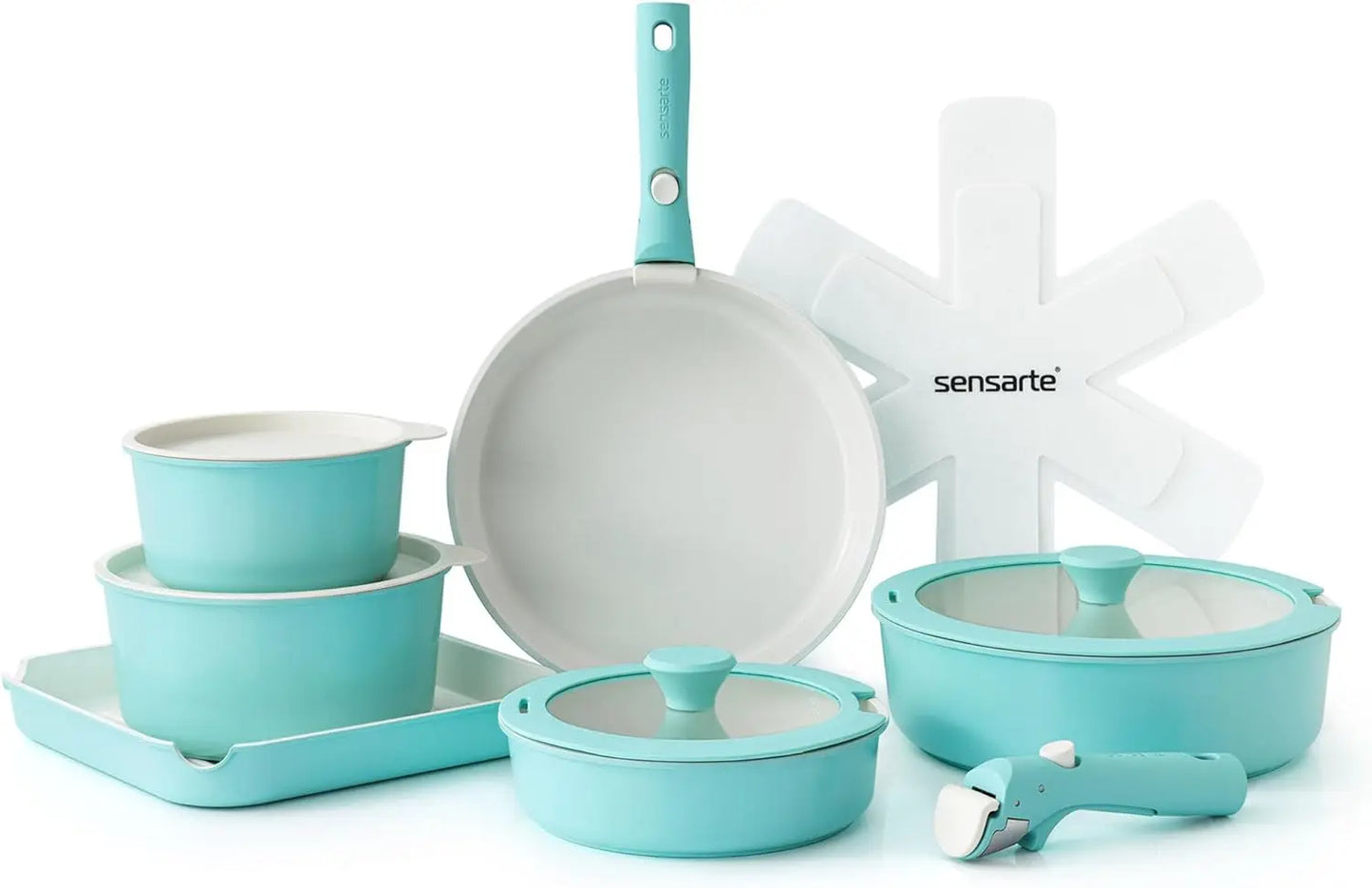 17 Piece Nonstick Ceramic Pots and Pans Set w/ Detachable Handle