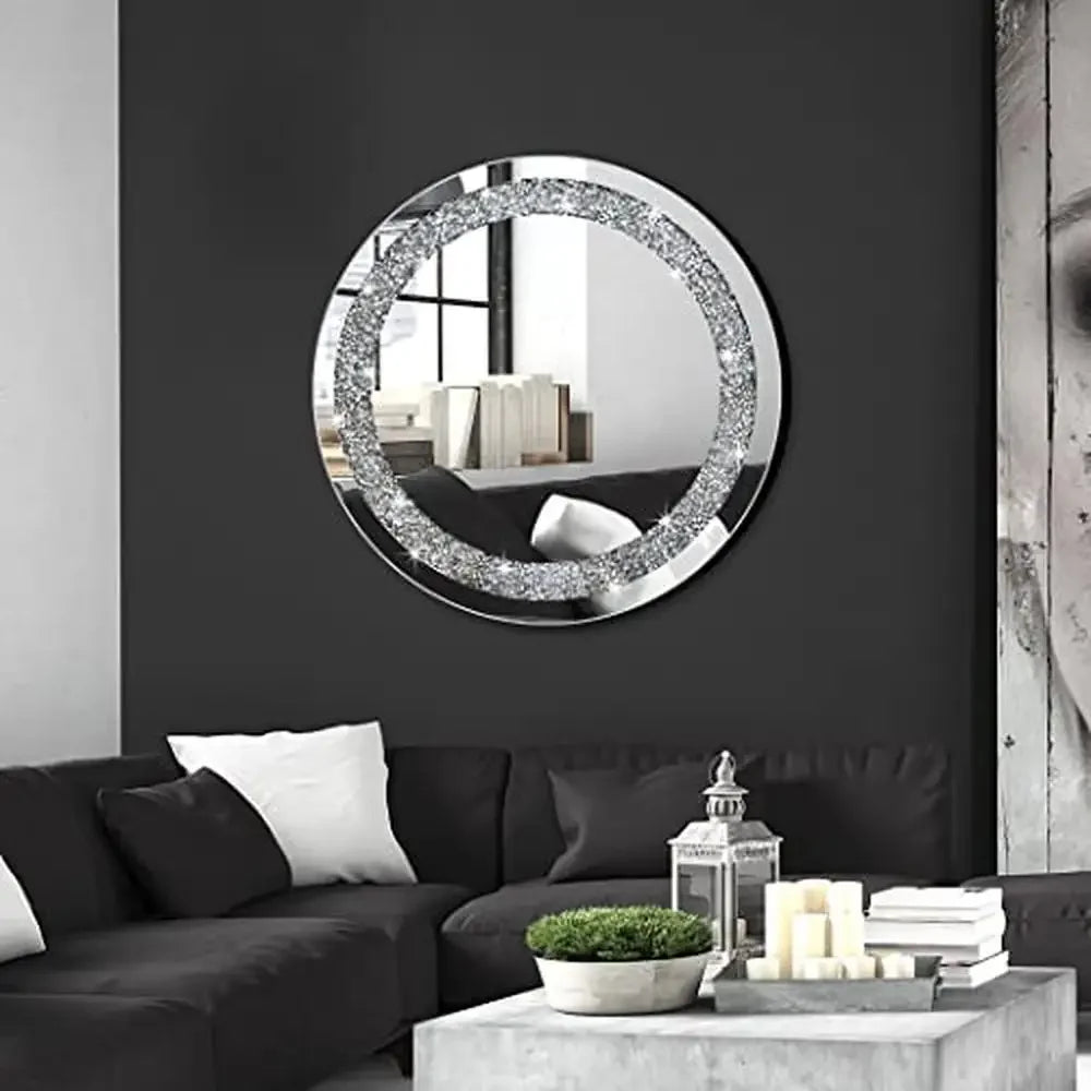Luxury Crystal Crush Diamond Round Silver Wall Mirror (20x20x1 inch)