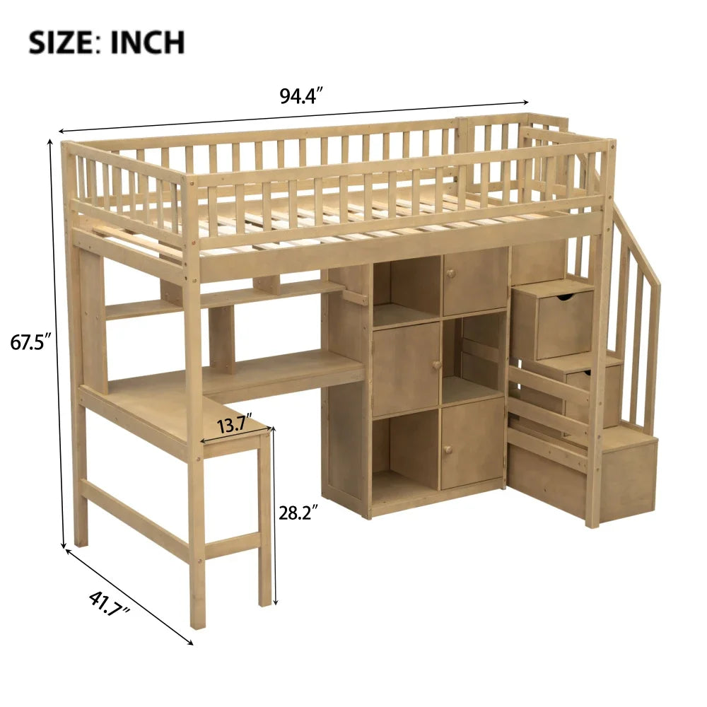 Wood Twin Size Loft Bed with Built-in Desk