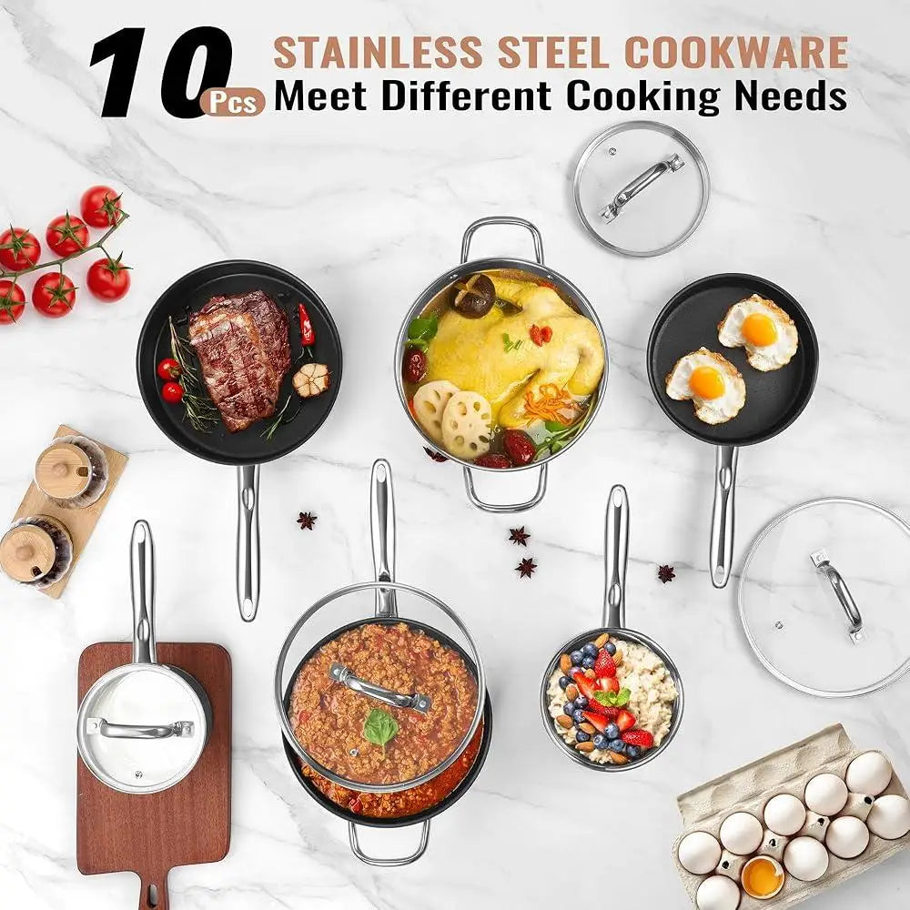 10 Pcs Nonstick Stainless Steel Pots and Pans Set