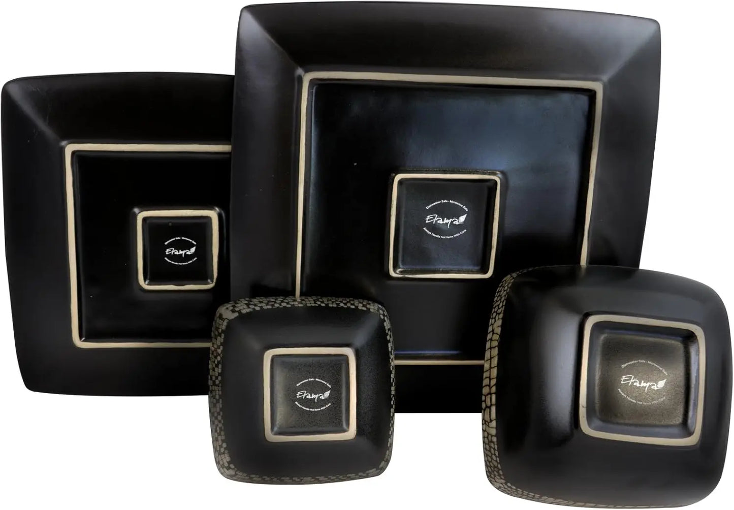 Square Matte Black and Tan Tile Pattern Dinnerware Set, 16 Piece,