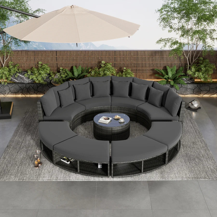 9-Piece Outdoor Circular Patio Sofa Set w/ Tempered Glass Coffee Table & 6 Pillows