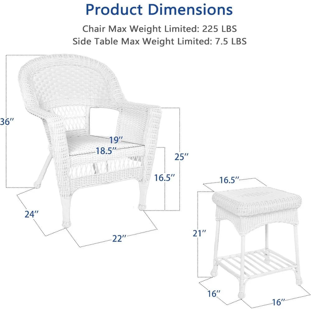 3 Piece Wicker Chair and End Table Set without Cushion, 4 Color Options