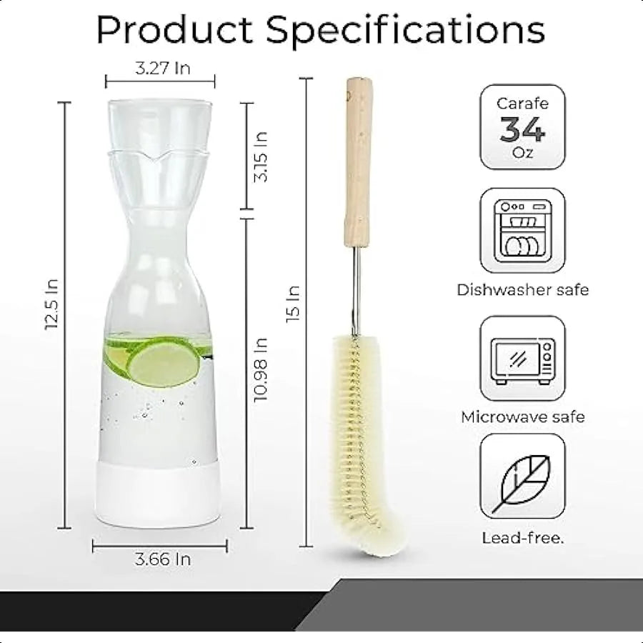 Anti-Skid Bedside Water Carafe and Glass Set w Brush