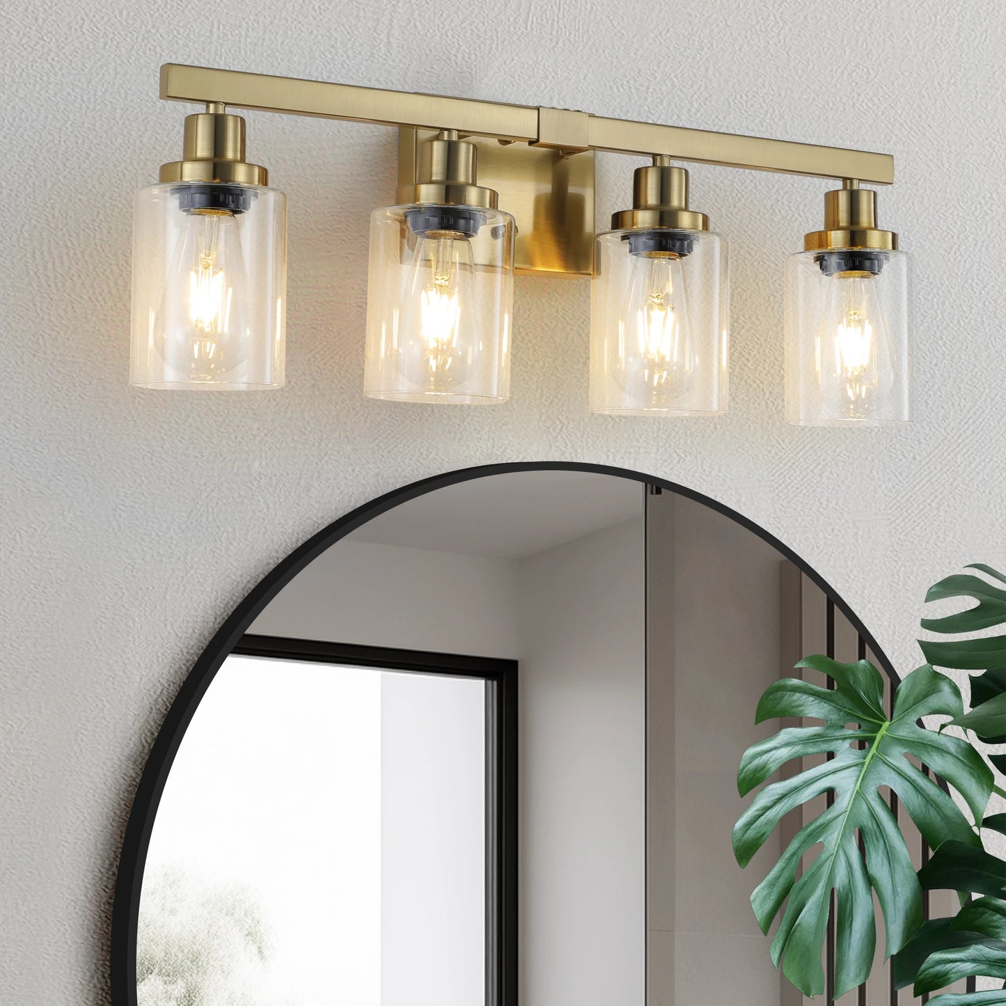 4 Lights Gold Bathroom Vanity Mirror Wall Sconce with Glass Shade
