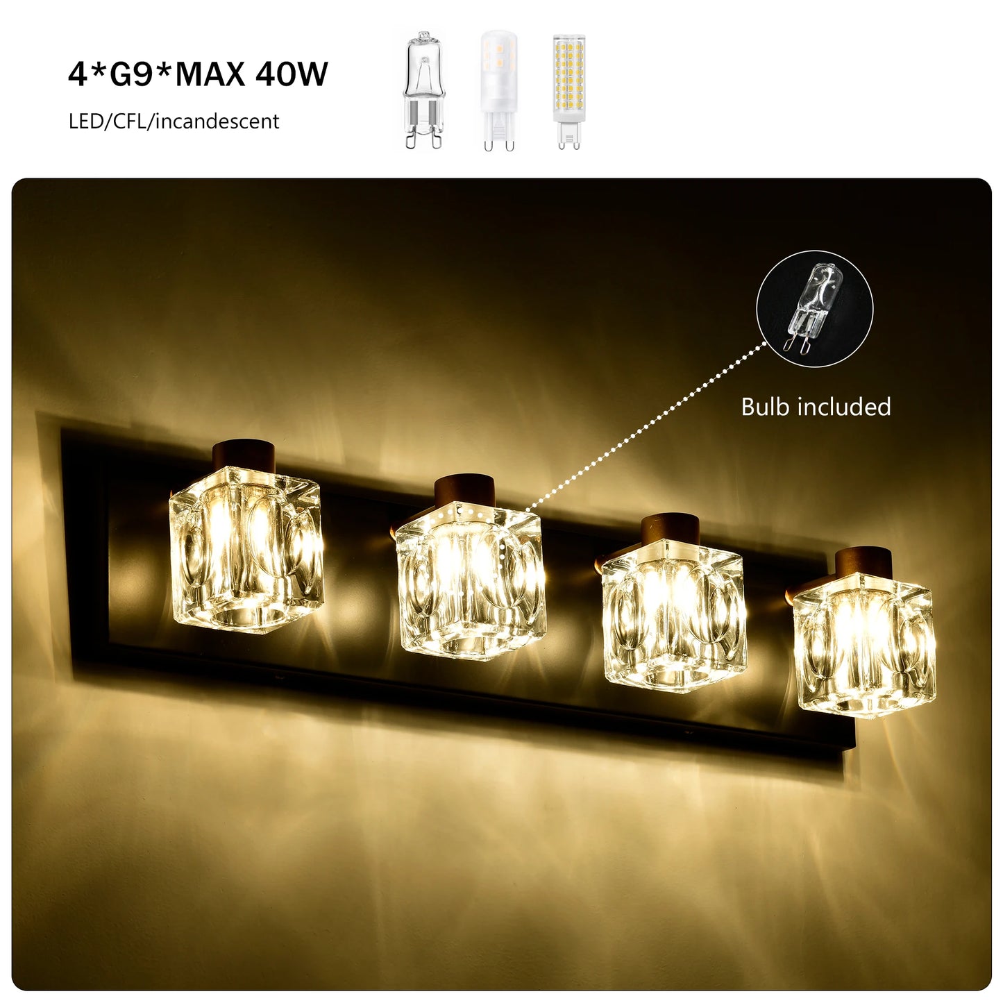 4-Light Matte Black + Gold Bathroom Light Fixture with Crystal Glass Shade