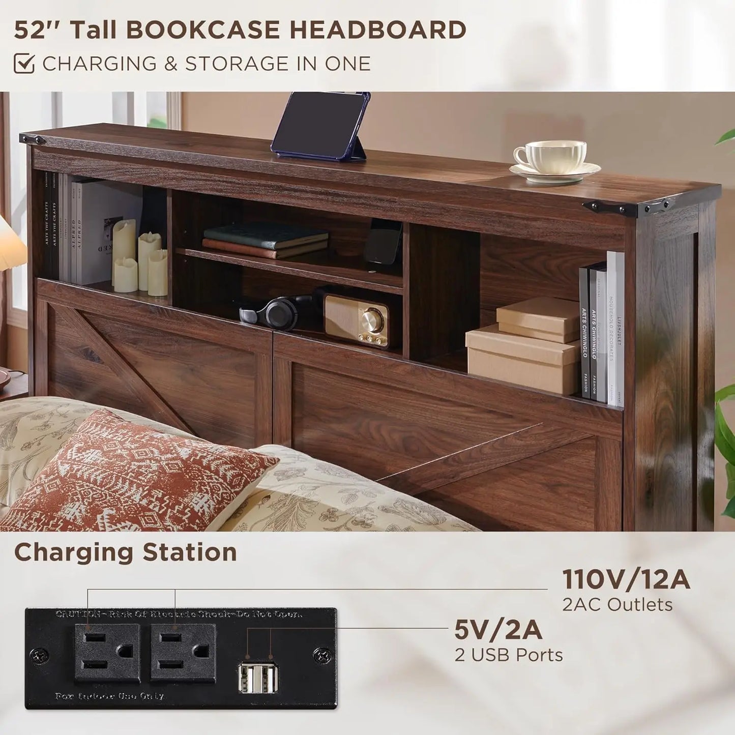 Farmhouse King Size Wood Bed Frame with 52" Tall Storage Headboard and 4 Drawers,LED Light,Charging Station